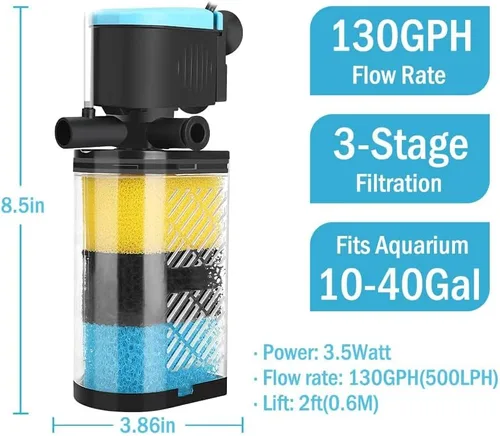 Vista 6 de Filtros de acuario – Filtro de acuario de 3 etapas, filtro interno en el tanque, filtro para peceras de peces y tortugas para tanques de peces
