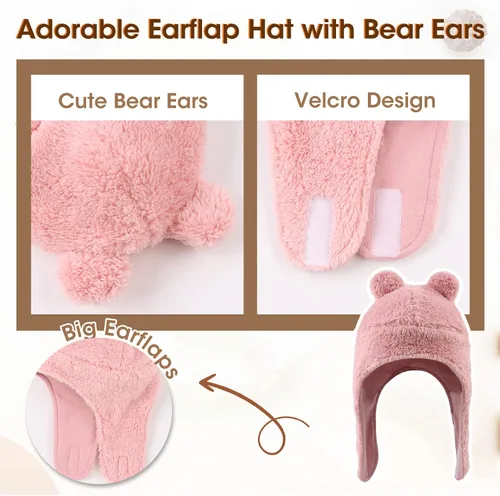 Vista 4 de Conjunto de gorro y manoplas de forro polar para bebé, gorro de invierno para niños pequeños, bufanda cálida con orejas de bebé, bufandas