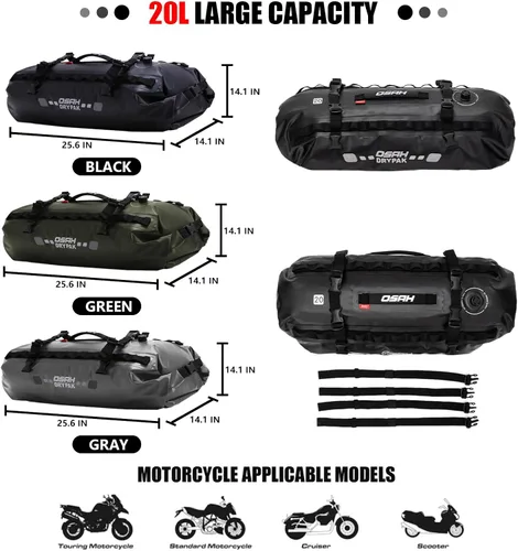 Vista 3 de Bolsa de lona impermeable y maleta - Bolsa seca para motocicleta, bolsas de sillín con cierre enrollable, gran espacio de almacenamiento, para Negro