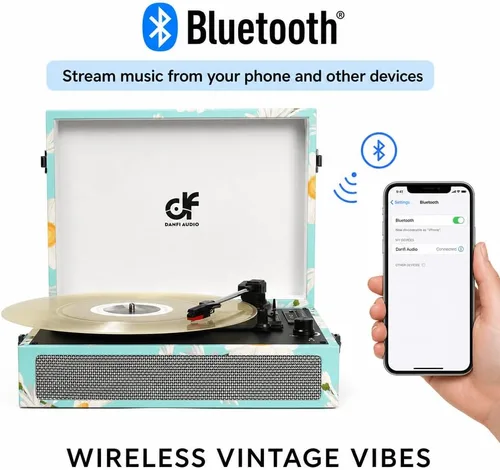 Vista 2 de Tocadiscos de vinilo Bluetooth con altavoces integrados, tocadiscos portátil vintage de 3 velocidades con auriculares de grabación USB/conector
