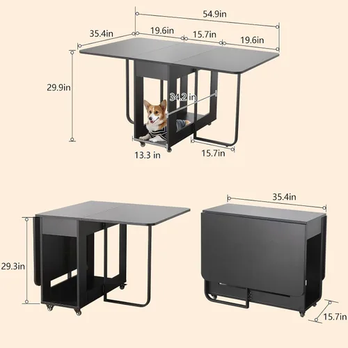 Vista 3 de Mesa de Comedor Plegable con Dos Cajones para 4/6 con Mesa de Hoja Abatible que Ahorra Espacio, Ruedas Bloqueables y Almacenamiento, Superficie