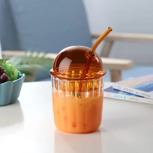 Vista 11 de TITA-DONG Lindos vasos para beber con tapa de cúpula y pajilla, vasos reutilizables de boca ancha para batidos de 15 onzas, vaso de vidrio para café
