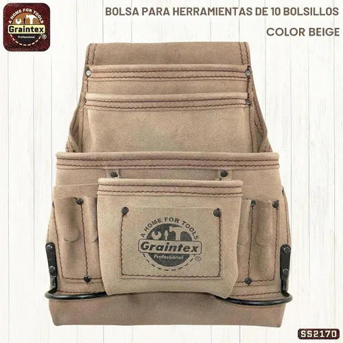 Vista 2 de Graintex - Bolsa de 10 bolsillos para uñas y herramientas, bolsa de cuero de ante color beige, cinturón de herramientas para constructores