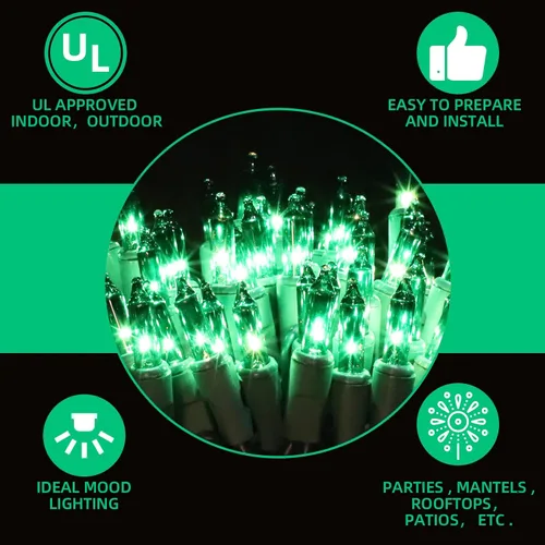 Vista 2 de Guirnalda de luces verdes de alambre verde de 19.6 pies, 100 luces incandescentes de Navidad