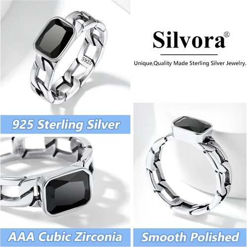 Vista 5 de Silvora Anillo de cadena de eslabones cubanos con circonita de plata de ley, regalo de compromiso de boda con embalaje delicado