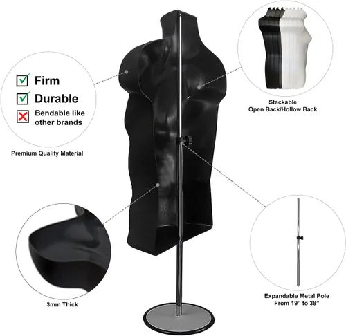 Vista 2 de Maniquí de torso masculino y femenino con soporte de metal, cuerpo con respaldo hueco, apilable, forma de vestido para exhibición de camisetas Negro