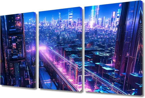 Vista 41 de Lienzo decorativo para pared de sala de estar, lienzo Cyberpunk, decoración de pared de 3 paneles, decoración de pared para el hogar, dormitorio