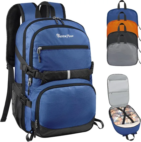 Vista 12 de Seektop Mochila de viaje ligera para hombres y mujeres, múltiples bolsillos 40L, mochila de senderismo plegable, Negro, Grande
