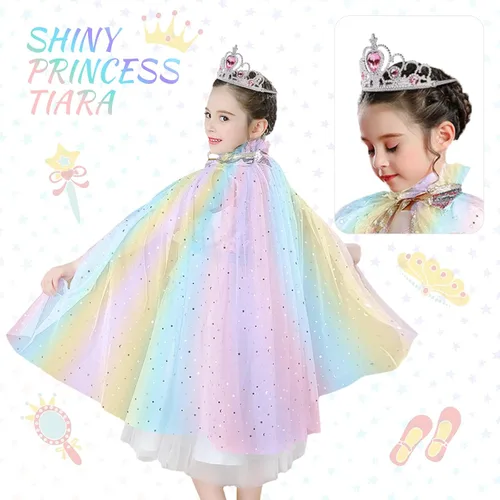 Vista 4 de AOOWU Capa de princesa para niñas, colorida capa de princesa con corona, disfraz de princesa Elsa elegante con lentejuelas brillantes de tul