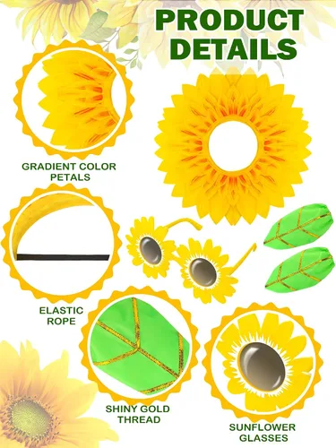Vista 3 de Mepase Juego de 3 divertidos accesorios de disfraz de flores amarillas de 23 pulgadas, guantes verdes de girasol para bailes, fiestas, festivales