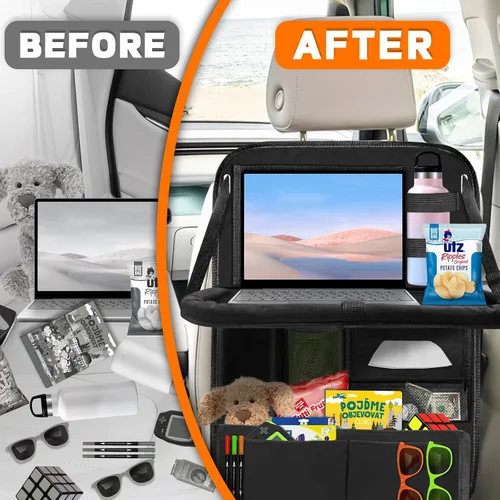 Vista 5 de Organizador de asiento trasero de automóvil con bandeja de mesa, organizador de almacenamiento de 12 bolsillos con soporte para tableta, organizador