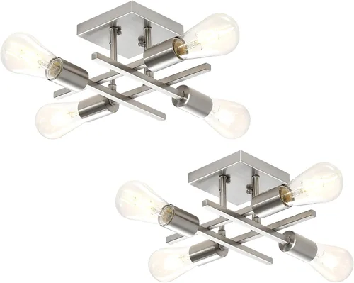 Vista 17 de Lámpara de techo industrial de 4 luces, semiempotrada, moderna lámpara de araña de níquel cepillado, lámpara de techo Sputnik con base de bombilla