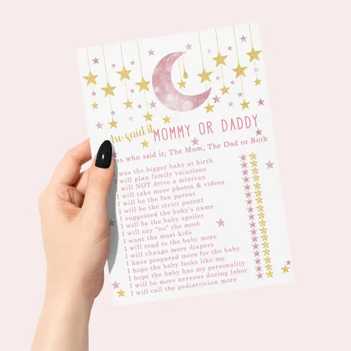 Vista 5 de Paper Clever Party Twinkle Little Star - Juego de baby shower para niñas, 25 tarjetas de juego de Adivina quién mamá o papá, divertidas actividades