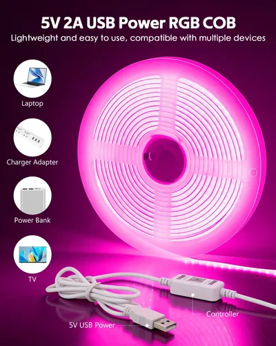 Vista 5 de 5V USB COB RGB LED Light Strip With Remote 576LED/M 4.92FT Rope Lights 1.5M
