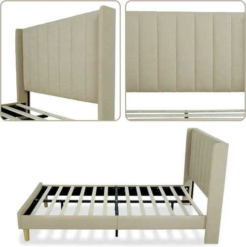 Vista 5 de Upholstered Bed Frame with Wingback Headboard and Wood Slats (Beige-Linen, Twin)