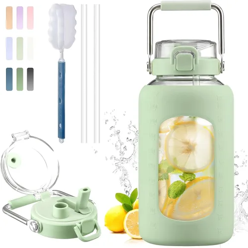 Vista 26 de BLUEGO Botella de agua de vidrio de 64 onzas con mango de acero inoxidable, botella de agua grande con marcadores de tiempo y funda de silicona Ámbar