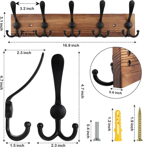 Vista 2 de Kuhome Perchero de madera para colgar sombreros de pared, tablón de madera real de pino de 16.9 pulgadas, color marrón, con 5 ganchos triples