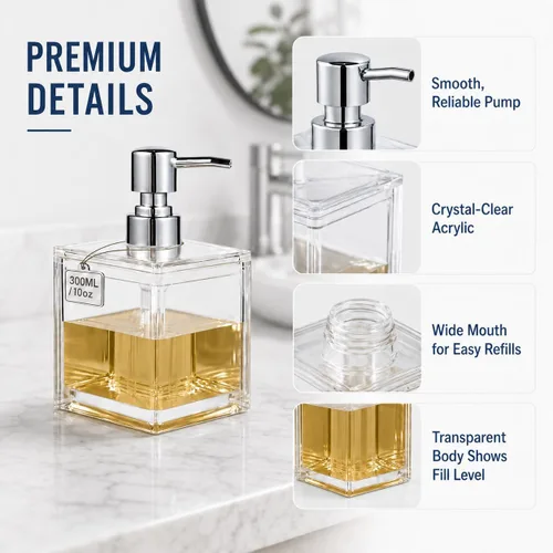 Vista 3 de LGURT Dispensador de jabón acrílico transparente cuadrado de 10.1 fl oz con bomba, dispensador de jabón de manos compacto recargable para encimera