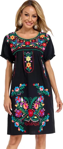 Vista 3 de YZXDORWJ Vestido bordado mexicano de manga corta para mujer 222BK