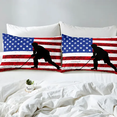 Vista 8 de Erosebridal American Flag Fitted Sheet Twin, Hockey Bedding Set United States Sports Games Bed Sheets for Kids Boys Teens Bedroom, Red White