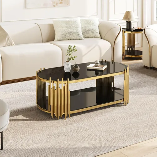 Vista 4 de Mesa de centro de cristal dorado de 2 niveles, moderna mesa de centro ovalada con estantes negros templados transparentes y marco de acero
