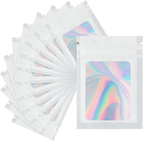Vista 8 de joycraft 100 bolsas holográficas de tereftalato de polietileno, bolsas resellables a prueba de olores, bolsa para joyería, bolsa de papel