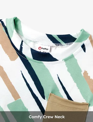 Vista 3 de PATPAT Conjuntos familiares a juego de manga corta con cinturón, estampado empalmado y camisetas casuales a juego