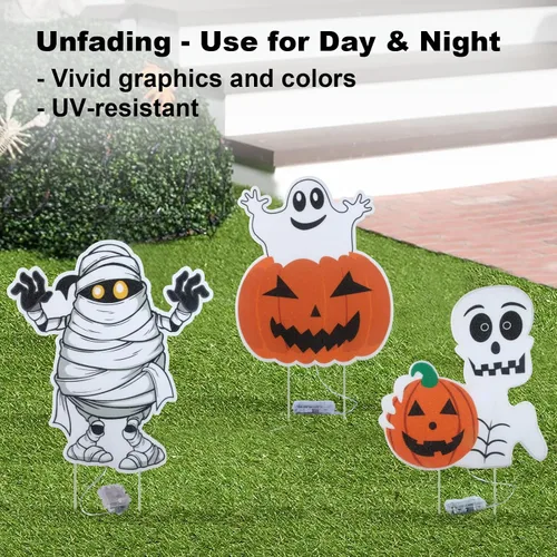 Vista 2 de Letreros iluminados para patio, accesorios de Halloween, estacas de patio, calabaza, fantasma, letrero de patio con estacas para decoraciones