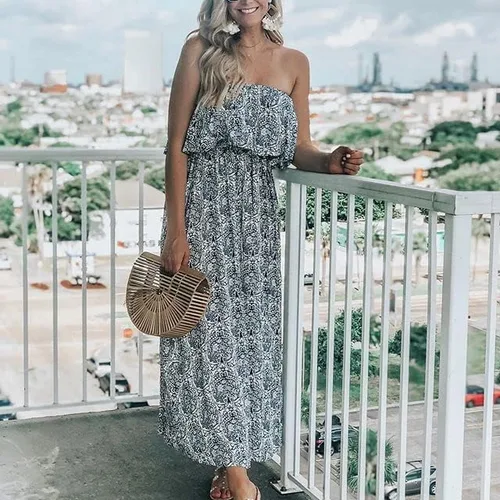 Vista 4 de ZMPSIISA Vestido largo de verano para mujer, con hombros descubiertos, con volantes, sin tirantes, de porcelana, color azul y blanco, bohemio