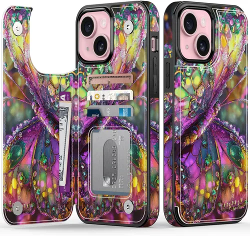 Vista 66 de FUNMIKO Funda tipo cartera para iPhone 13 con tarjetero, bloqueo RFID, protección de grado militar y obras de arte impresas con rayos UV, cierre