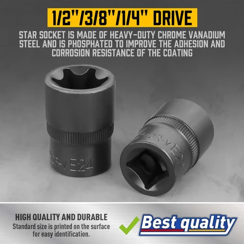 Vista 4 de Amartisan 14 PC E-Torx Star Socket Set/Rail, 1/4" 3/8" 1/2" Drive, E24 Juego de zócalos de par externo