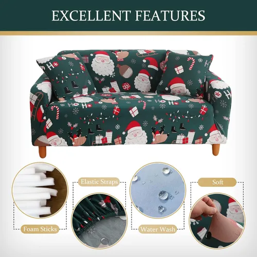 Vista 5 de Yiran - Funda de sofá verde de Navidad, protector de muebles para niños y mascotas con Santa Claus impreso, funda elástica para sofá de 3 plazas