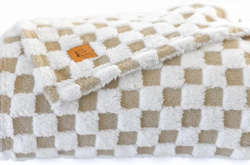 Vista 8 de Manta de lana de camello y blanco con diseño 3D a cuadros, ultra suave y peluda, de felpa para un confort acogedor. Hermoso regalo para mujeres