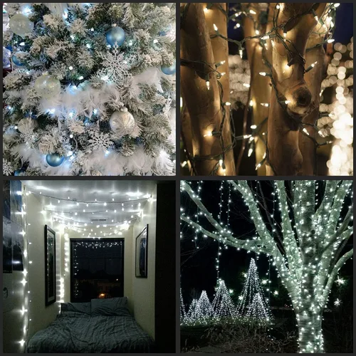 Vista 6 de Luces de Navidad LED de color blanco frío de 200 unidades, paquete de 2 juegos de 7.6 metros, juego de 25 pies de 100 luces LED con cable verde