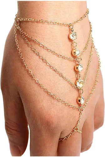 Vista 2 de Suyi Pulsera de anillo de dedo, arnés de mano, pulsera de cadena de diamantes de imitación, regalos para mujeres 2 piezas oro
