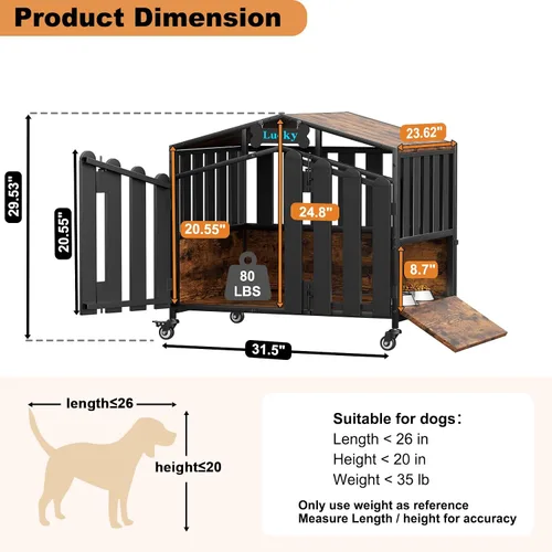 Vista 8 de EasyCom Muebles resistentes de 31 pulgadas para perros, para interiores con ruedas de 360°, jaulas decorativas para perros pequeños, jaula de madera