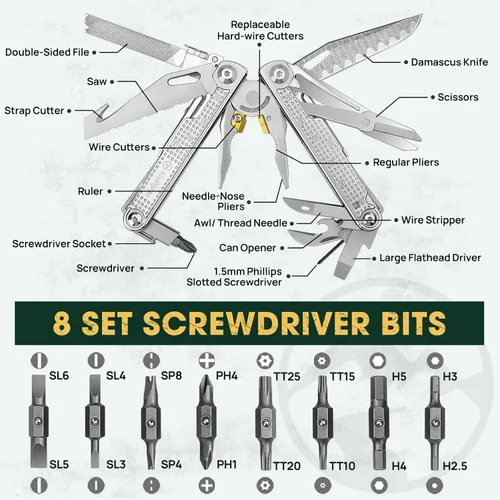 Vista 2 de Multper Multitools Pliers Pro, herramienta múltiple mejorada con cuchillo de Damasco, cortadores de alambre reemplazables y juego