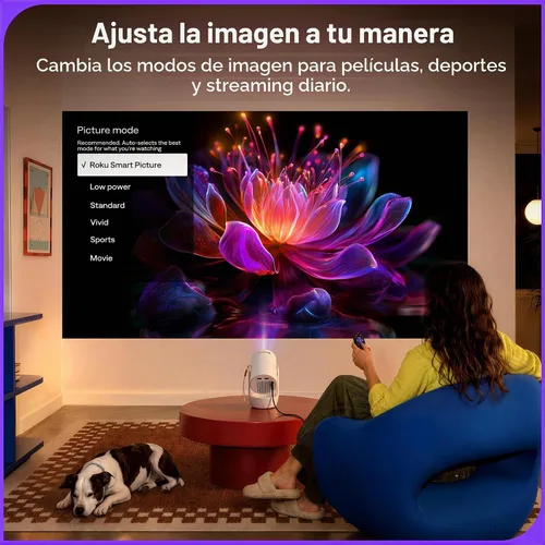 Vista 5 de Aurzen Roku TV E1R Mini proyector portátil inteligente con WiFi y Bluetooth Blanco