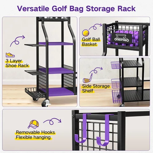 Vista 6 de Organizador de almacenamiento de bolsas de golf, soporte de almacenamiento para bolsas de golf y otros accesorios de equipo de golf, estante