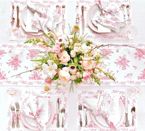 Vista 3 de Solino Home Camino de mesa con estampado floral rosa de 36 pulgadas, camino de mesa de lino 100% puro de 14 x 36 pulgadas para primavera, verano