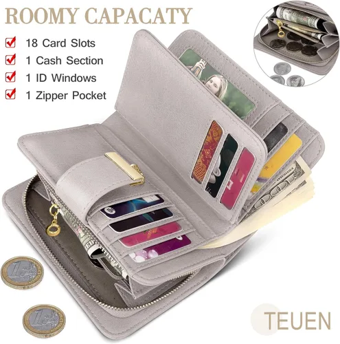 Vista 2 de Cartera pequeña con bloqueo RFID para mujer, de cuero, compacta, plegable, con 18 ranuras para tarjetas, con bolsillo para monedas, Marrón marchito