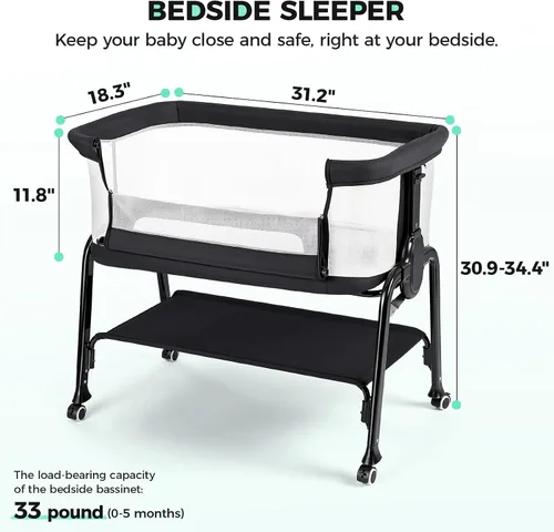 Vista 2 de Cowiewie Moisés de noche, moisés transpirable y colchón, ligero y portátil para dormir de noche (negro) 0-5 Months Baby Infant Up to 33 lb
