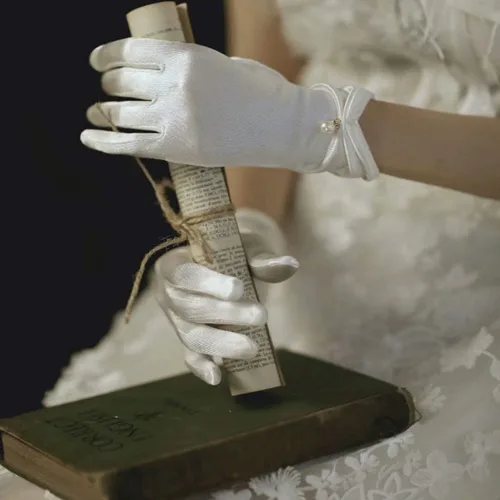 Vista 2 de Vestido de novia de satén para mujer, fiesta de ópera, guantes de los años 20, guantes hasta la muñeca