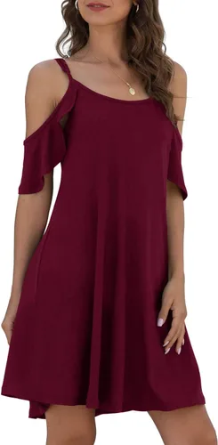 Vista 3 de Jouica Vestido de verano casual con tirantes delgados para mujer, hombros descubiertos, mangas con volantes y bolsillo