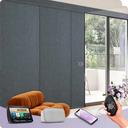 Vista 32 de Graywind Paneles deslizantes motorizados opacos compatibles con Alexa Google, persianas de riel para puertas corredizas de patio