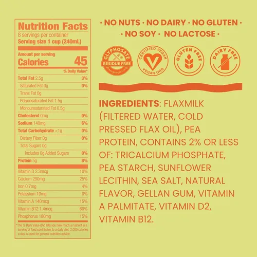 Vista 2 de Good Karma Leche de lino sin azúcar + proteína, 64 onzas, 5 g de proteína vegetal + 1200 mg de omega-3 por porción, alternativa a la leche no láctea