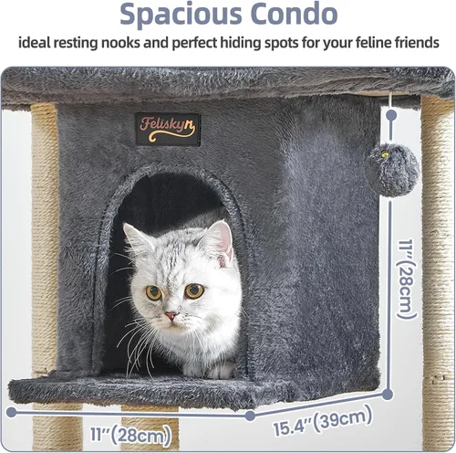Vista 4 de Torre Rascador para Gatos Grandes de Interior, Árbol Pequeño para Gatos con Cama de Percha Grande, Casa de Árboles de 28 Pulgadas de Alto con Cueva