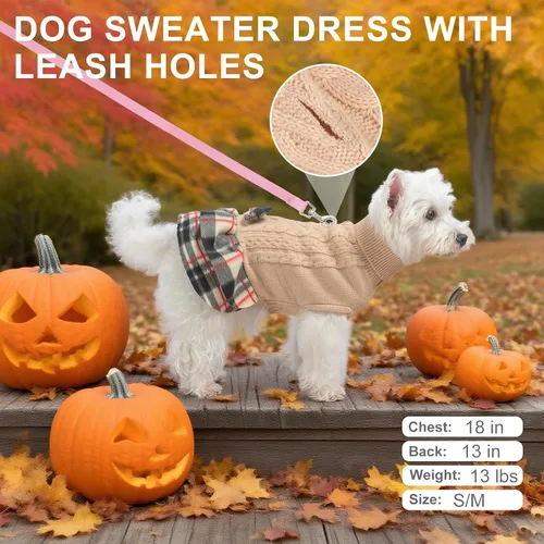 Vista 3 de BEAUTYZOO Vestido de suéter para perrita, suéter de punto trenzado para perritas pequeñas - Suéter de cuello alto con falda a cuadros y moño Beige
