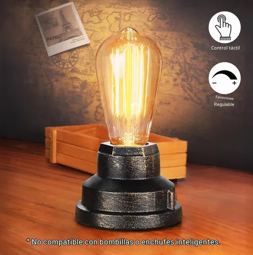 Vista 3 de Base de lámpara de mesa pequeña con control táctil, luz táctil industrial, base de bombilla Edison vintage, regulable para mesita de noche, luz