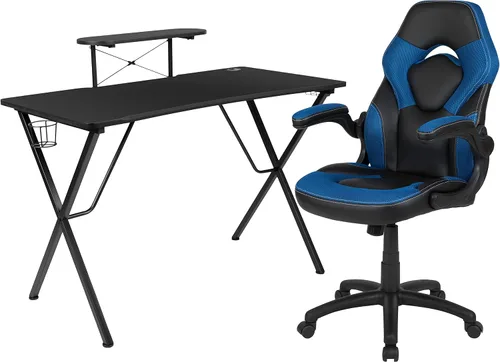 Vista 69 de Flash Furniture Juego de escritorio para juegos negro y silla de carreras blanco/negro con soporte para tazas, gancho para auriculares y soporte